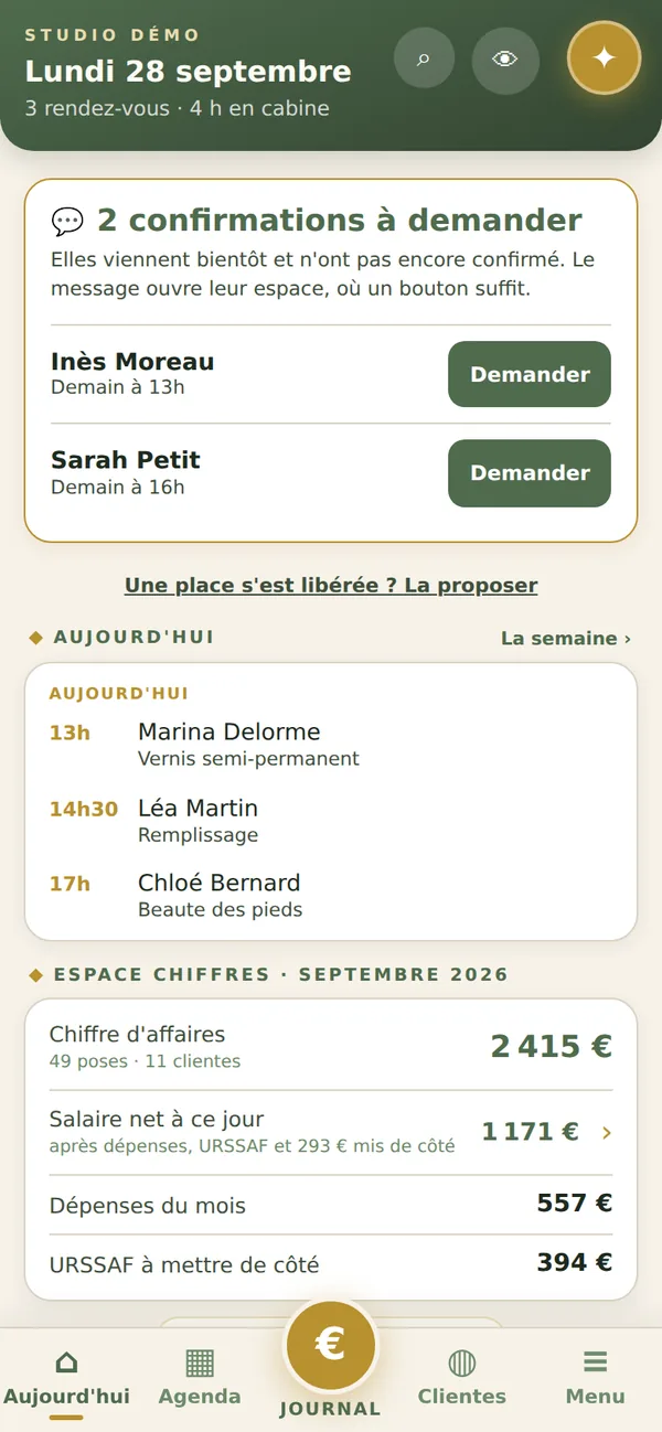 Écran Aujourd'hui de JOYIZI avec les confirmations à demander et les rendez-vous du jour