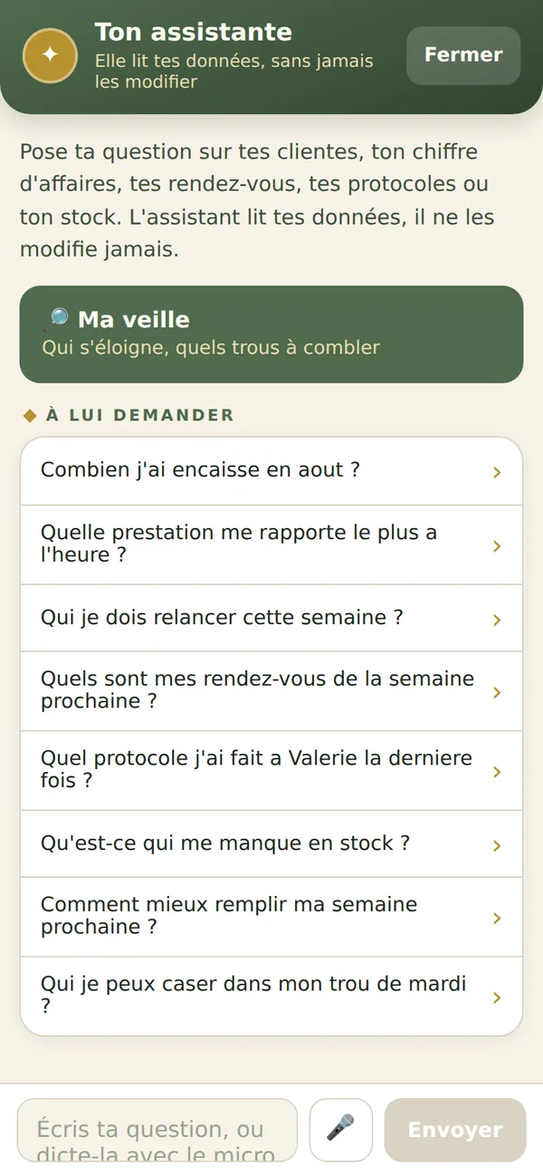 Assistant JOYIZI : questions suggérées sur le chiffre, les relances et le stock