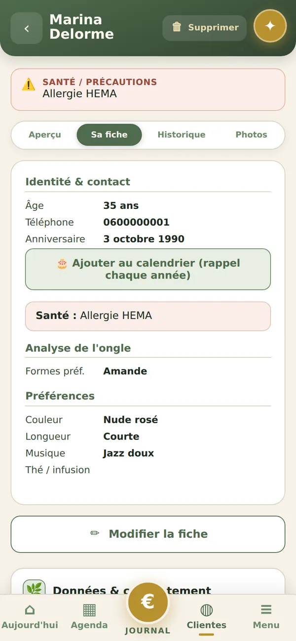 Fiche cliente de Marina dans JOYIZI : santé, préférences, analyse de l'ongle