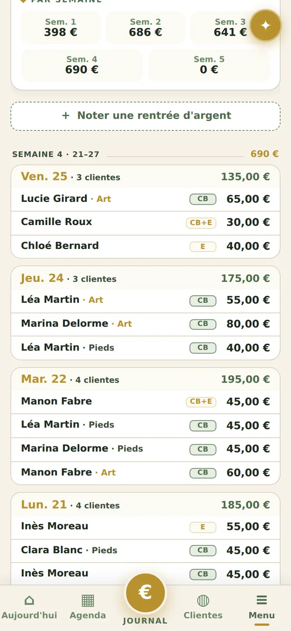 Journal des rentrées dans JOYIZI, avec paiements carte, espèces et mixtes