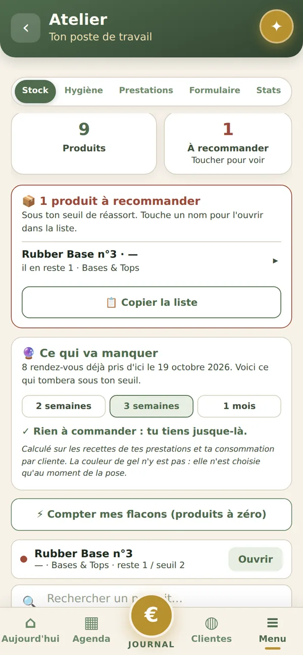 Écran Stock de JOYIZI avec un produit à recommander et la prévision de ce qui va manquer